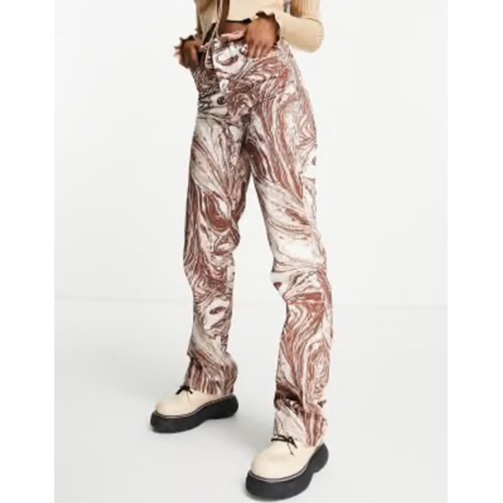 TOPSHOP KORT Brown Swirl Print Jeans‎ W26 L30 High Rise Straight Leg artsy y2k
